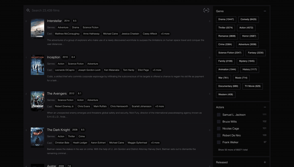 A film search built with Indx React finding a misspelled title and narrowing by genre and year, then the Indx console: datasets, field configuration, boost rules, synonyms, search statistics and the server monitor